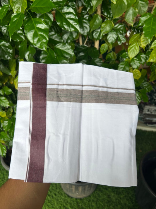 24% Discount !! KaithariKada Balaramapuram 100% Cotton Pure white Single Mundu/Dhoti - Twisted 60s Thread- 1 inch Wine & Green Shaded Striped Kara (2 meter / 4 muzham) - 15KK5241 GL