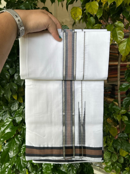25% Discount!! NEW ULTRA PURE WHITE THREAD HANDLOOM Balaramapuram - 100% MERCERISED Cotton Double Mundu/Dhoti - 120 twisted warp x 80s weft - Brown Black Stripes Silver Kasav Chutty Kara- 15KK5248 REA