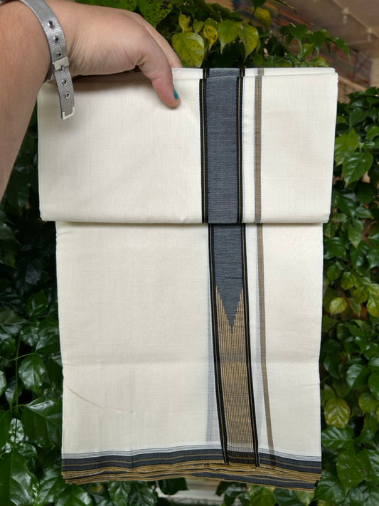 25% DISCOUNT!! KaithariKada HANDLOOM  UNAKKUPAAV Balaramapuram - 100% PURE Cotton OFF White - (Unbleached) Double Mundu/Dothi - 100 x 80 -  Black Light Brown Chutty Kara - 4meter - 15 KK5249 REA