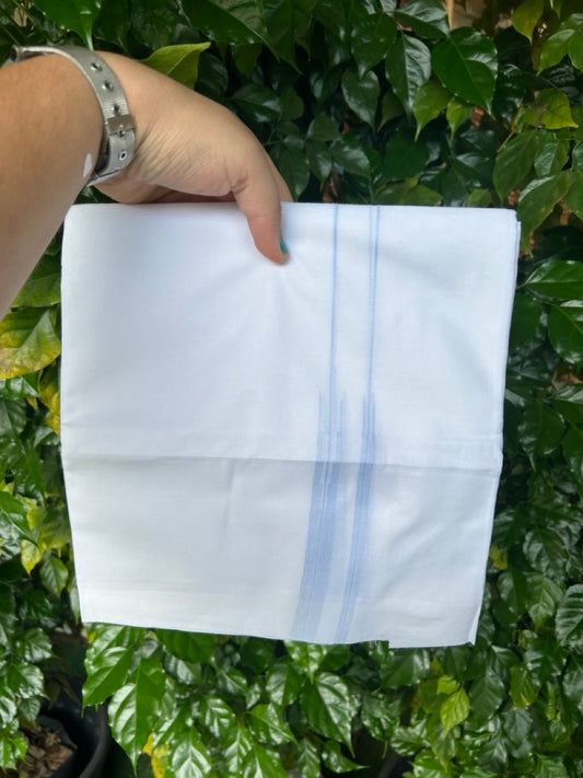 20% DISCOUNT!! NEW!! KaithariKada Balaramapuram 100% Cotton PURE WHITE Double Mundu/Dhoti - (100x80)s - 0.75 inch Sky Blue Line chutty - 15 KK5249 VIN