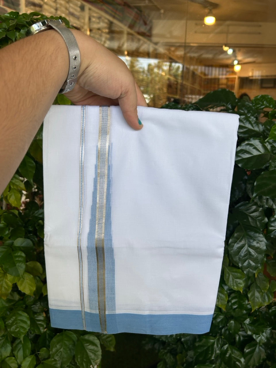 22% Discount ! NEW! KaithariKada Balaramapuram 100% Cotton Pure white Double Mundu/Dhoti - (100x80)s - Heavy Chutty Sky Blue Silver Kasav - 15 KK5252 CKS