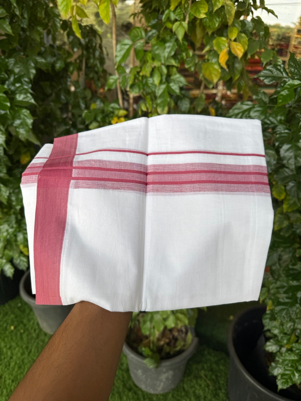 Short Dhoti Special - 28% Discount ! KaithariKada 100% Cotton Pure White Double Mundu / Dhoti - 100x80 - 45 inch Height 3.80 m Length  1.5 inch Maroon Magenta Mix kara - 15 KK5258 THI