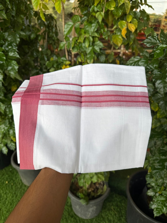 Short Dhoti Special - 28% Discount ! KaithariKada 100% Cotton Pure White Double Mundu / Dhoti - 100x80 - 45 inch Height 3.80 m Length  1.5 inch Maroon Magenta Mix kara - 15 KK5258 THI