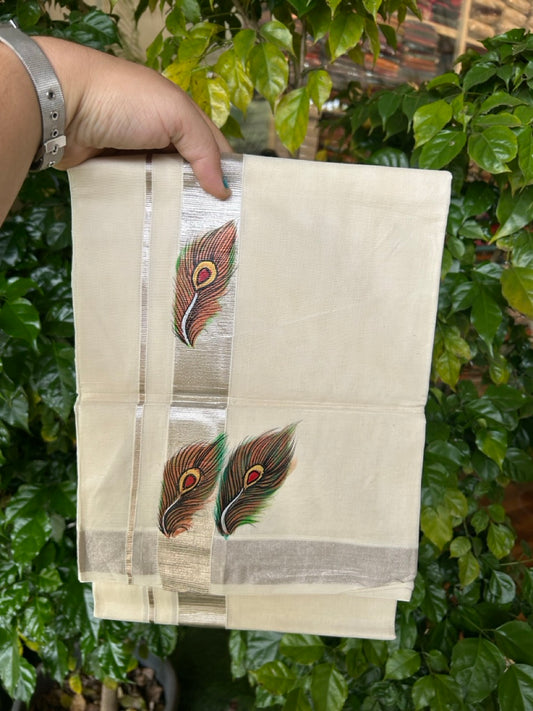 24% Discount! KaithariKada 100% Cotton Double Off white - (Ubleached) Mundu / Dhoti - 100x80 1.5 inch Silver Kasavu & Hand Painted Kathakali Peacock - 15 KK5259 CKS