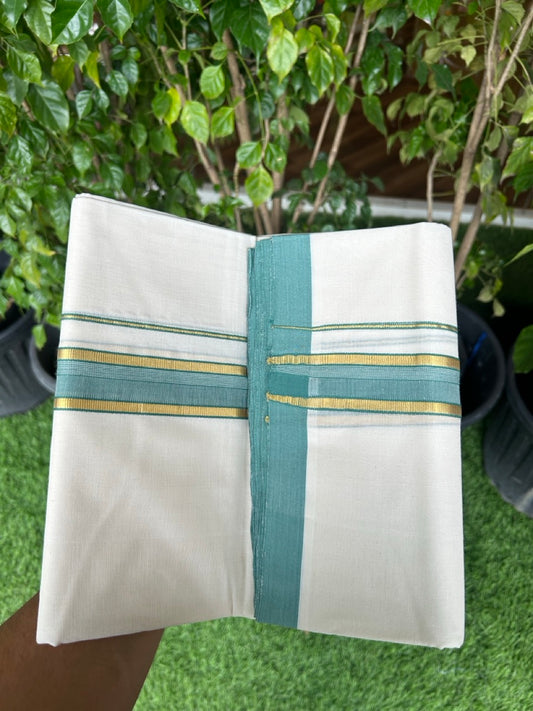 31% DISCOUNT!! KaithariKada HANDLOOM Millpaav Balaramapuram - 100% PURE Cotton OFF White Double - (Unbleached) Mundu/Dothi - 1.75 Inch Gold Kasav Green kara - 15kk5153RAM