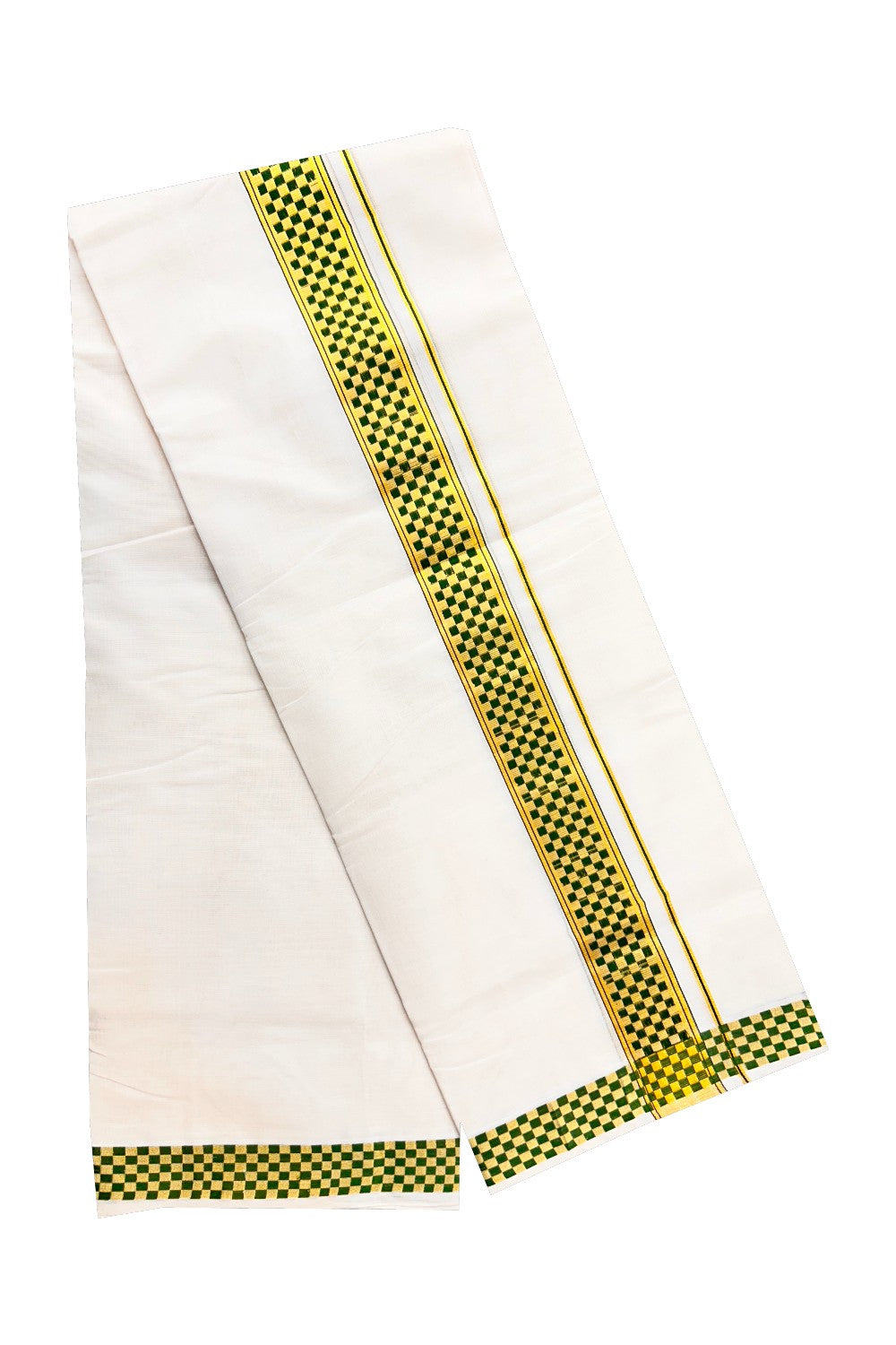 30% DISCOUNT ! KaithariKada HANDLOOM Unakkupaav Balaramapuram - 100% PURE Cotton 4.58 Meter Off White (Unbleached) Double Mundu/Dhoti - Green Check & KASAVU DESIGN 2.5 Inch  KARA- ABH15