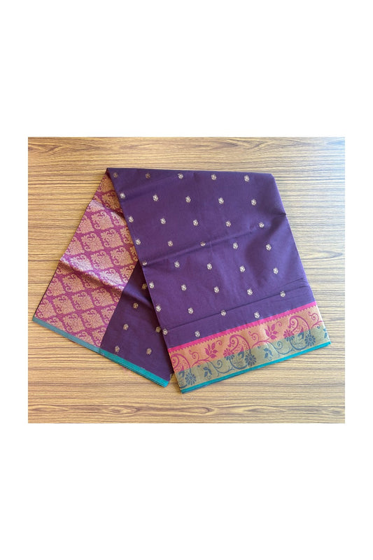 KaithariKada- Balaramapuram Saree - 100% PURE Cotton Silk - Wine Purple, Red & Green Flower Design -15KK1005PAN.