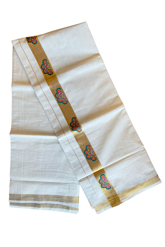 20% Discount !! KaithariKada Balaramapuram 100% Cotton Double Off white - (Unbleached) Mundu/Dhoti-80x72-  Hand Painted Kasavu & Flower Design - 15KK207PMC