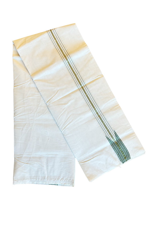 21% DISCOUNT ! KaithariKada 100% Cotton OFF WHITE Double - (Unbleached) Dhoti/Mundu- 12 Line Puliyilakkara Chutty Green & Kasavu Stripes - 15KK400ASH