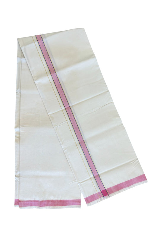 25% Discount KaithariKada 100% Cotton Balaramapuram HANDLOOM Single Mundu/Dhoti - Off White - (Unbleached) 1.25 inch Pink  & Blue Kasavu Kara (2 meter / 4 muzham)  - 15KK499KK