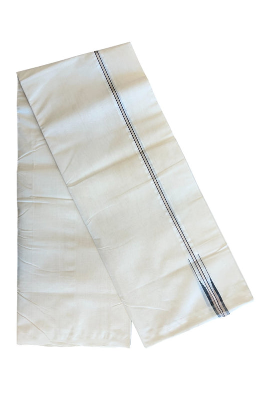 30% DISCOUNT!! KaithariKada HANDLOOM Millpaav Balaramapuram - 100% PURE Cotton OFF White - (Unbleached) Double Mundu/Dothi - 1inch Puliyilakkara Silver kasavu  Black & Cream chutty - 15KK5029RAM