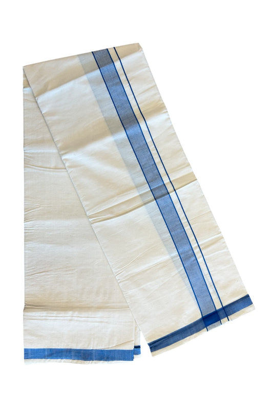 25% Discount!!! KaithariKada 100% Cotton Balaramapuram HANDLOOM off white (Unbleached) Single Mundu/Dhoti - 1.75 inch Blue Kara (2 meter / 4 muzham)  -5
