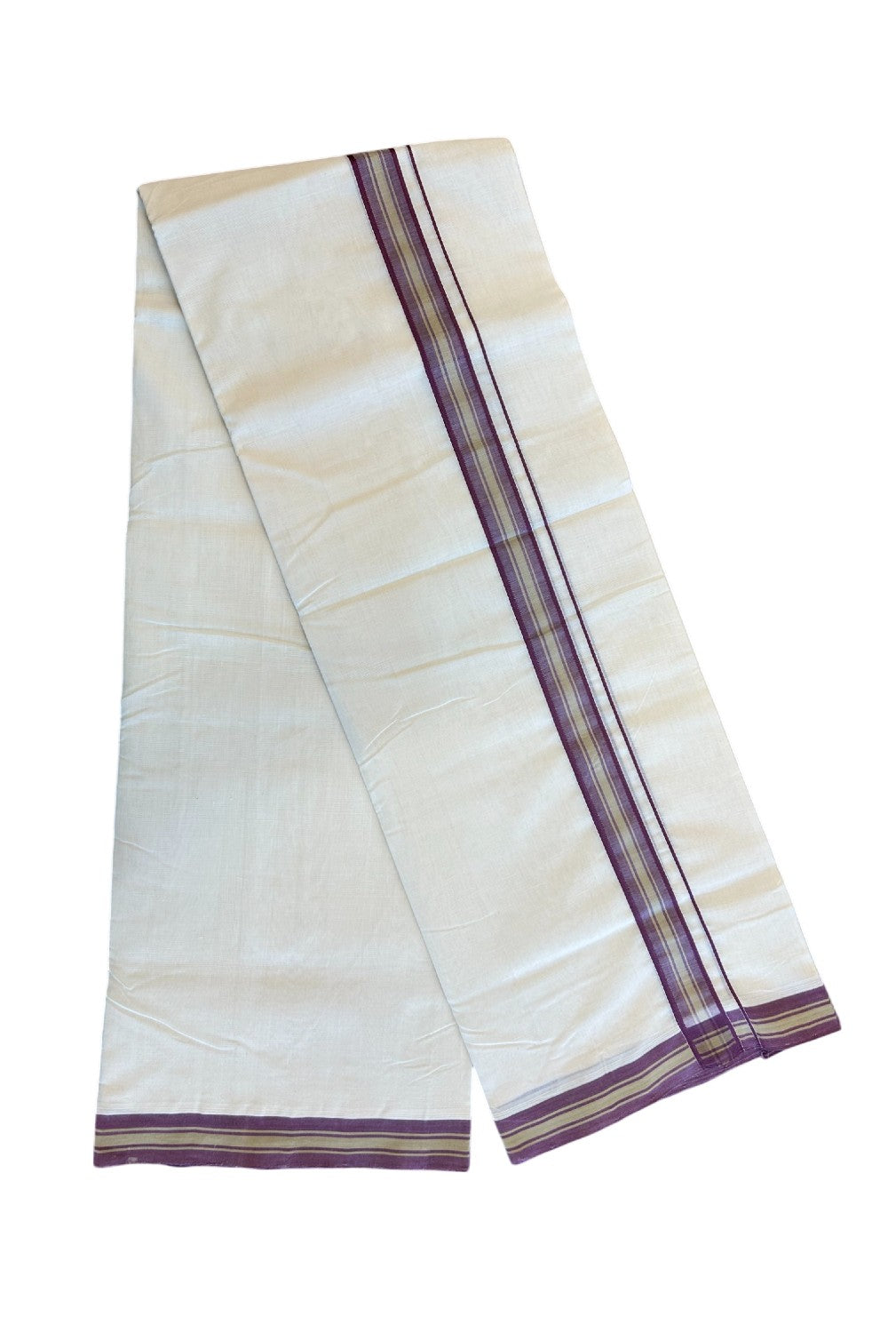 25% DISCOUNT!! KaithariKada HANDLOOM UNAKKUPAAV Balaramapuram - 100% PURE Cotton OFF White Double - (Unbleached) Mundu/Dothi - 1.5 inch Plum Violet & Sage Green Stripes Kara 3.82 meters - 15KK5049REA