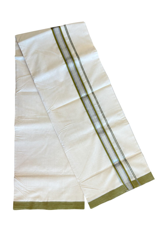 25% DISCOUNT! KaithariKada BALARAMAPURAM HANDLOOM UNAKKUPAAV - 100% PURE Cotton Off white (Unbleached) Double Mundu/Dhoti -  2.inch Silver Kasavu & Sage Green Kara-80
