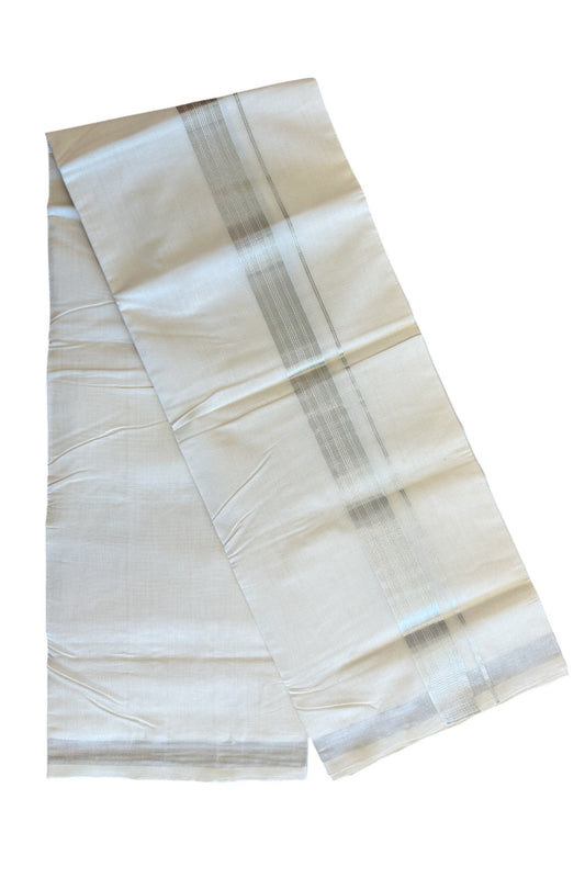 25% DISCOUNT ! KaithariKada HANDLOOM Millpaav Balaramapuram - 100% PURE Cotton Off White - (Unbleached)Double Mundu/Dhoti - Silver KASAVU Stripes Design-16KK37RAM
