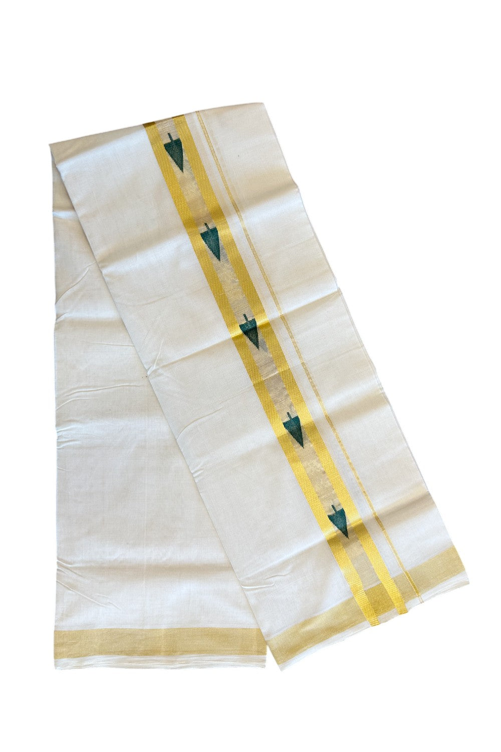25% Discount!!! KaithariKada HANDLOOM UNAKKUPAAV Balaramapuram - 100% PURE Cotton off white (Unbleached) Double Mundu/Dhoti -100x 100 - 2.75 inch Kasavu with Center Tissue & Green Leaf design kara - 14KK5096YAR