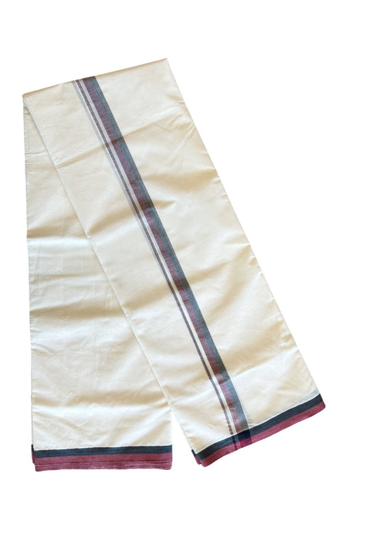 DMK Veshti - 19% DISCOUNT! KaithariKada 100% Cotton off white Double - (Unbleached) Mundu/Dhoti - 100X100 - 1.25 inch Black & Maroon shaded kara 3.84 meter - 14KK5120ASH