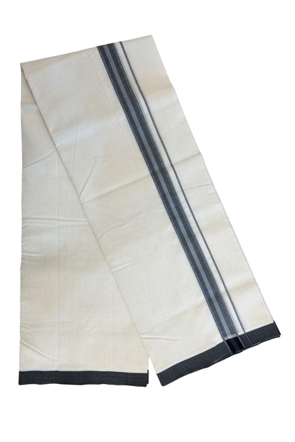 25% DISCOUNT!! KaithariKada HANDLOOM  UNAKKUPAAV Balaramapuram - 100% PURE Cotton OFF White - (Unbleached) Double Mundu/Dothi - 100x100 - 1.25 inch Black & White Pattern stripes kara - 19KK5167REA