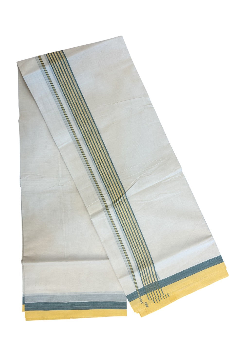 20% DISCOUNT ! KaithariKada Balaramapuram 100% Cotton Double off white (Unbleached) Mundu/Dhoti - 100X80 - 1.5 inch Yellow & Green Stripes kara - 16KK5172PMC