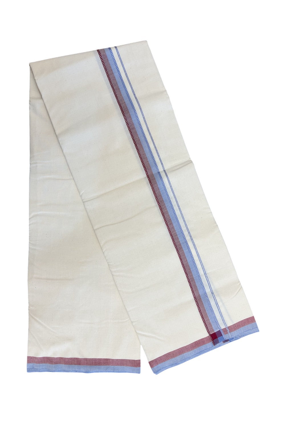 30%DISCOUNT!! SIGNATURE KAITHARIKADA EXCLUSIVE SINGLE DHOTI - 100% Cotton Balaramapuram HANDLOOM Single Mundu/Dhoti - Off White - (Unbleached) 1 inch Lavender Maroon & Silver Kasavu Kara (2 meter / 4 muzham)- 15KK5173KAI