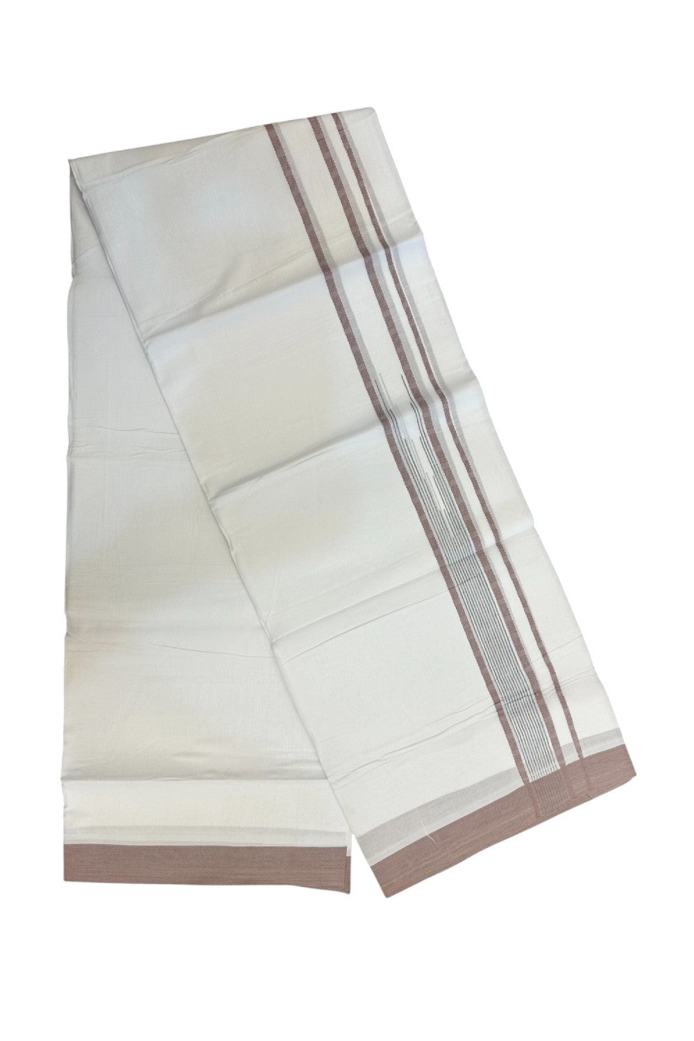 20% DISCOUNT! KaithariKada Balaramapuram DOUBLE PURE WHITE 100% Cotton Mundu/Dhoti - 100x80 - 1.5 inch Pastel Brown Putta Design Chutty Kara - 15KK5174THI