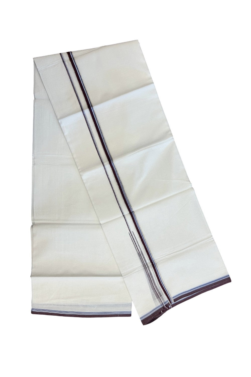 20% Discount !! Kaitharikada Balaramapuram 100% Cotton PURE WHITE DOUBLE Mundu/Dothi- 100X80 Thread - 0.5 inch - Silver Kasavu Purple & Blue Design Chutty Kara - 15KK5184RAMS