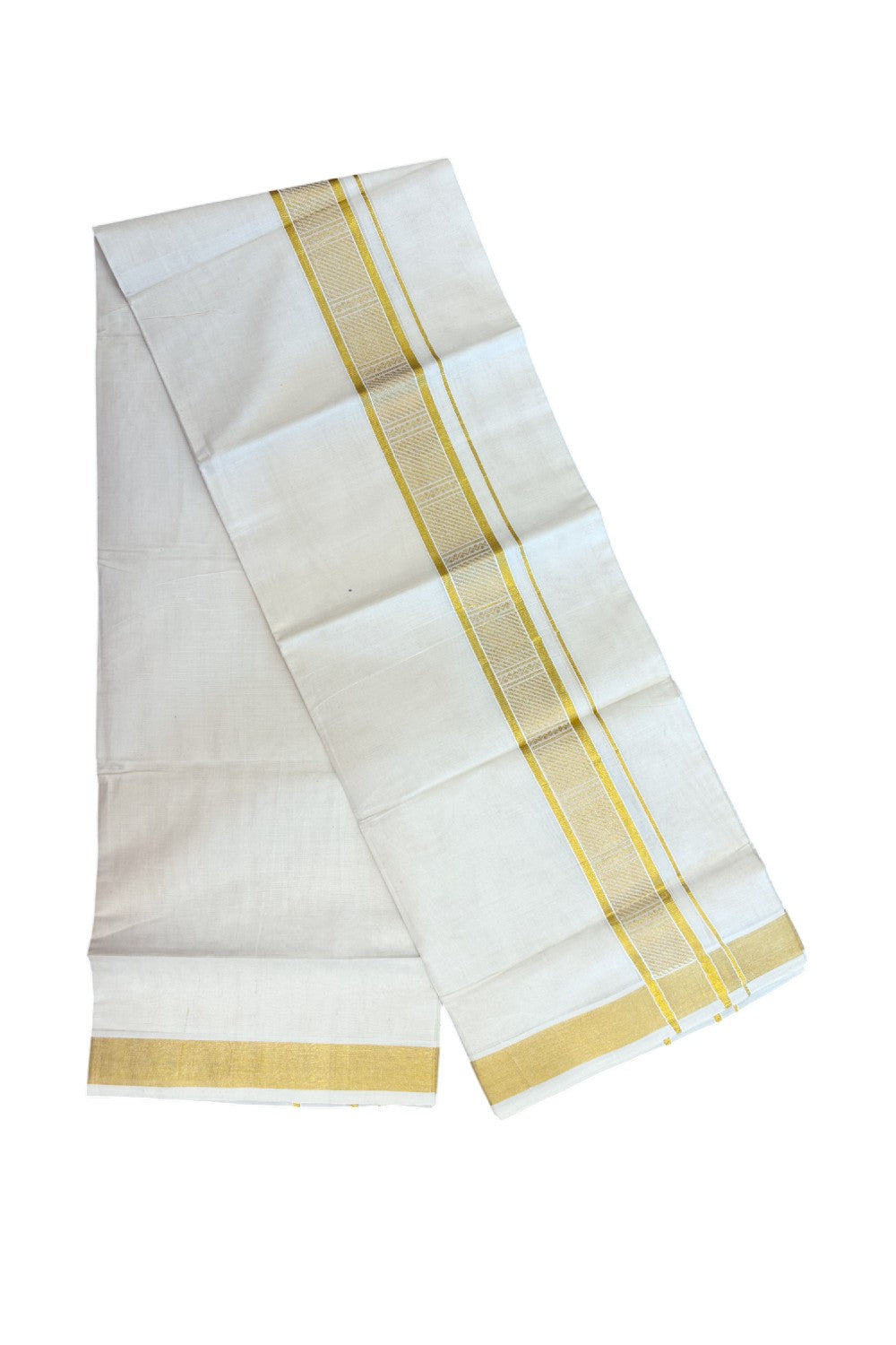 20% DISCOUNT! KaithariKada Balaramapuram 100% Pure Cotton off white - (Unbleached) Double Mundu/Dhoti - 100X80 - 1.75 inch Gold kasavu Jacquard Design kara - 15KK5186CKS