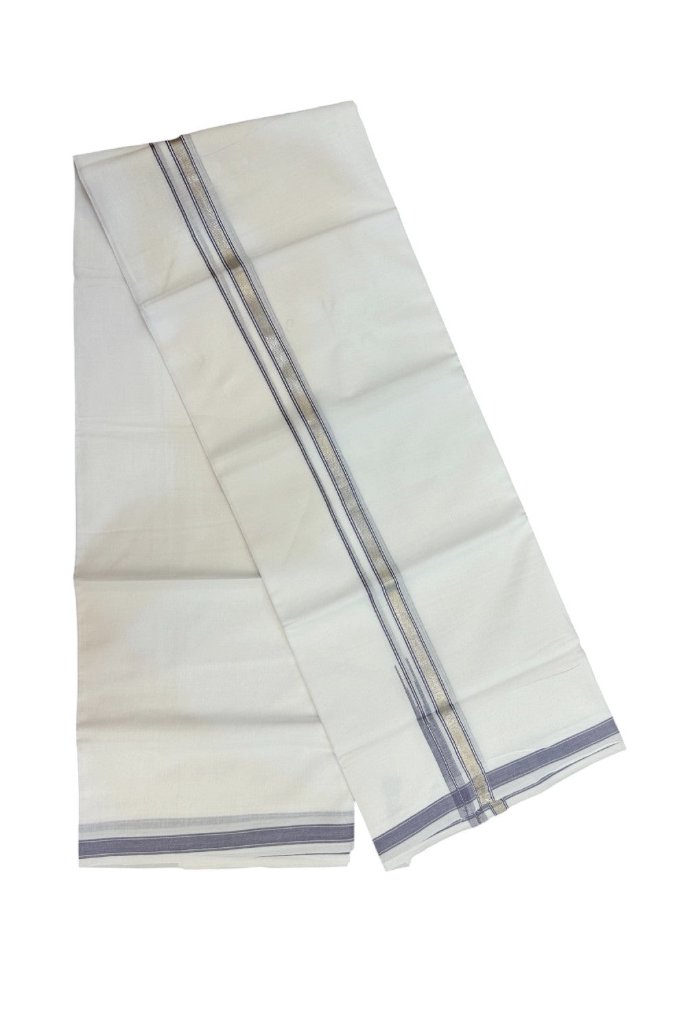 20% Discount !! Kaitharikada Balaramapuram 100% Cotton PURE WHITE Double Mundu/Dothi - 100x80 - 0.5 inch Silver Kasavu & Ash Blue Chutty Kara - 15KK5191CKS