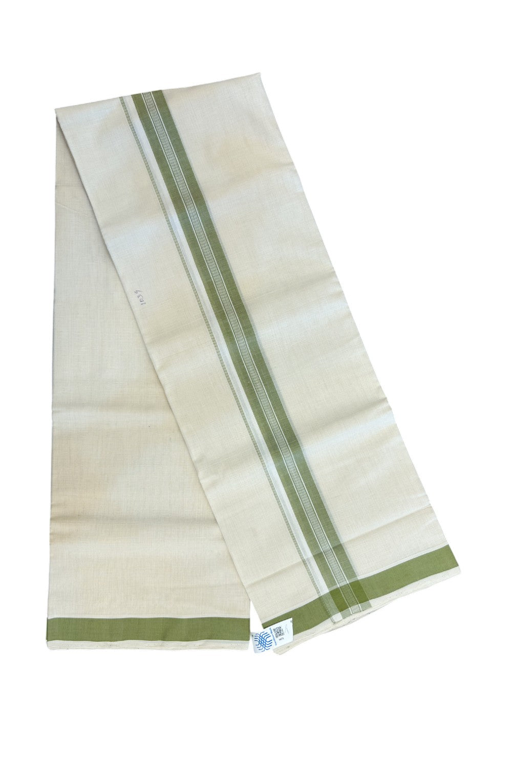 25% Discount KaithariKada HANDLOOM Unakkupaav Balaramapuram - 100% PURE Cotton off white (Unbleached) Double Mundu/Dhoti - 80X90 - 1.25 inch Light Green Center Stripes Kara 3.80 mtr - 15KK5192ELA