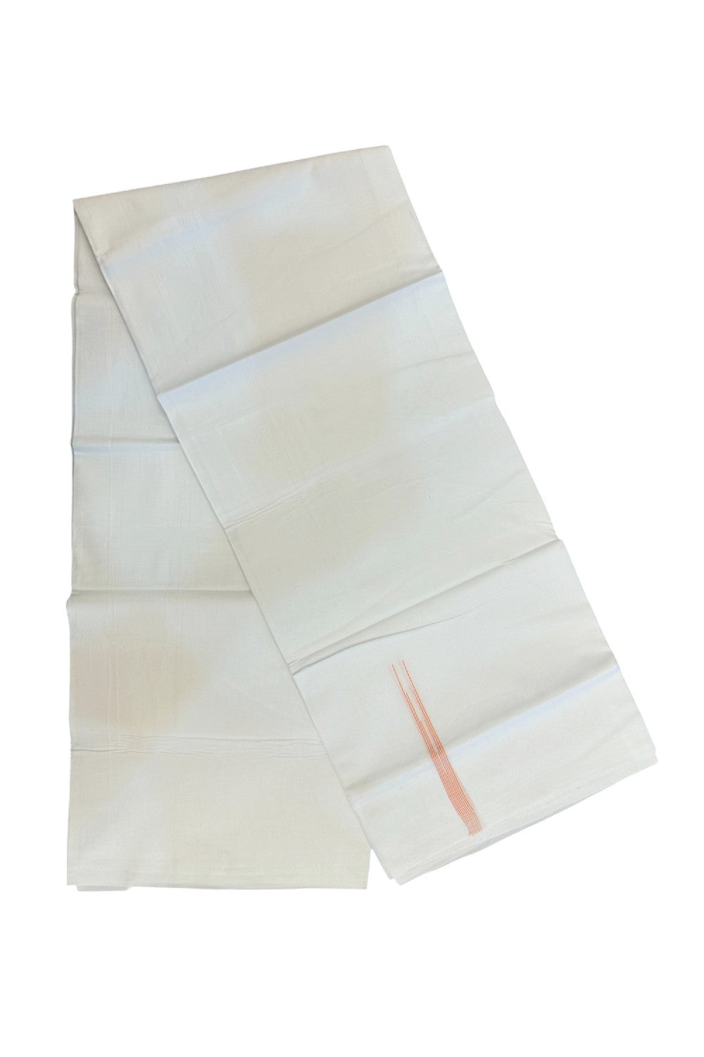 20% DISCOUNT!! NEW!! KaithariKada Balaramapuram 100% Cotton PURE WHITE Double Mundu/Dhoti - (100x80)s - 0.5 inch Pinkish Peach & Yellow Shaded Puliyilakkara chutty - 15KK5210CKS