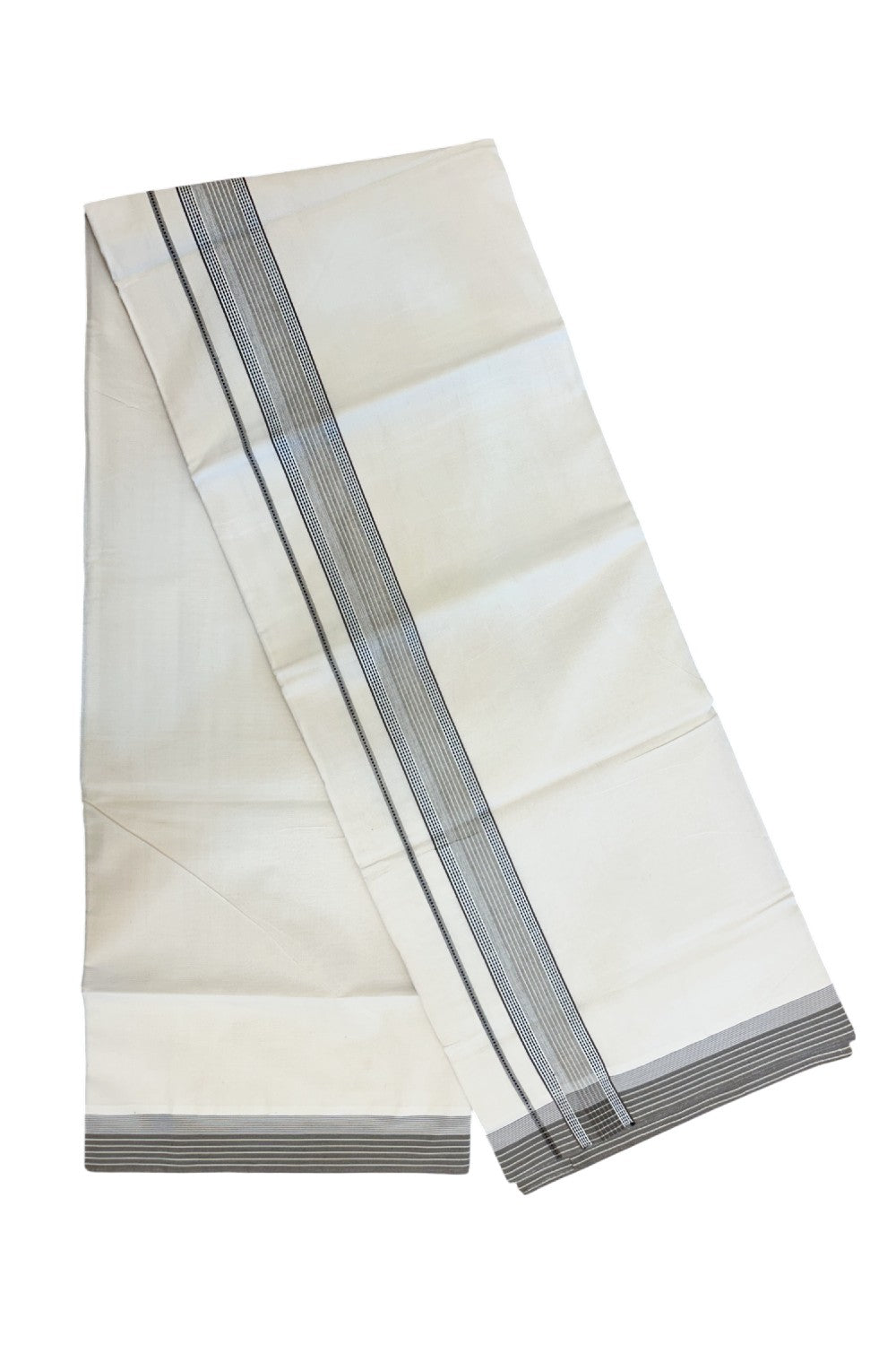 20% DISCOUNT ! KaithariKada Balaramapuram 100%  Cotton OFF WHITE (Unbleached) Double  Mundu/Dhoti - 100X80 - 1.5 inch Brown & Black Stripes & Shaded Designer Kara - 15KK5213 VIN