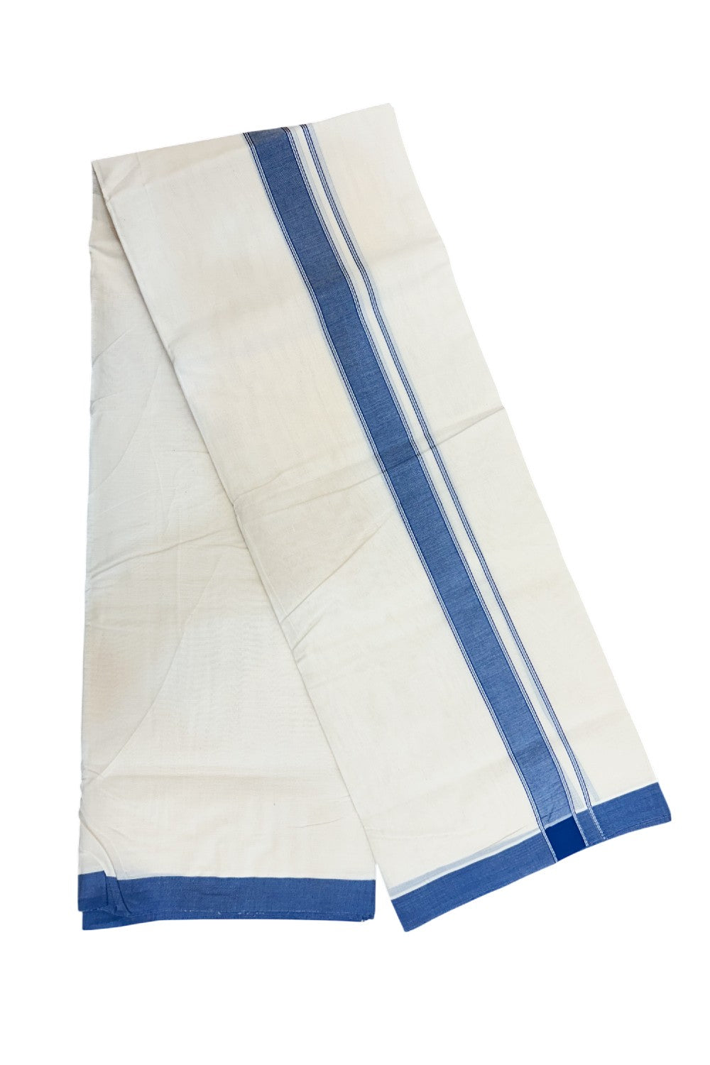 NEW !! 20% DISCOUNT!! KaithariKada Balaramapuram 100% Cotton Double Off white - (Unbleached) Mundu/Dhoti-100x80 - 1.25 inch Blue Shaded Striped KARA - 3.75 mtr (8 Muzham) - 15KK5218 ASH