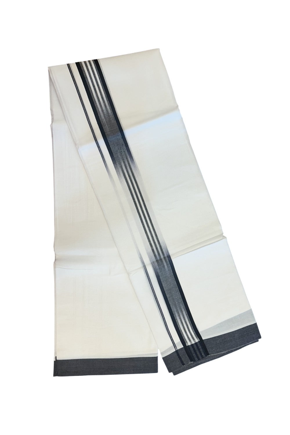 20% Discount!!! KaithariKada Balaramapuram  Double PURE WHITE RAINBOW  Mundu/Dhoti - 100X80 - 1.25 inch Black Striped Designer Kara - 15KK5220 THI