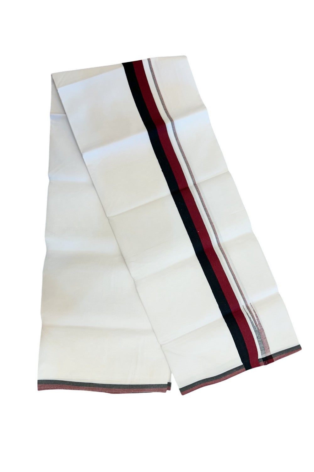 DMK Veshti - 20% Discount !! KaithariKada Balaramapuram PURE WHITE SINGLE Mundu/Dhoti - 100X100 - Puliyilakkara 1.5 inch Maroon & Black Stripes Chutty Kara (2 meter / 4 muzham) - 14KK5224 ASH