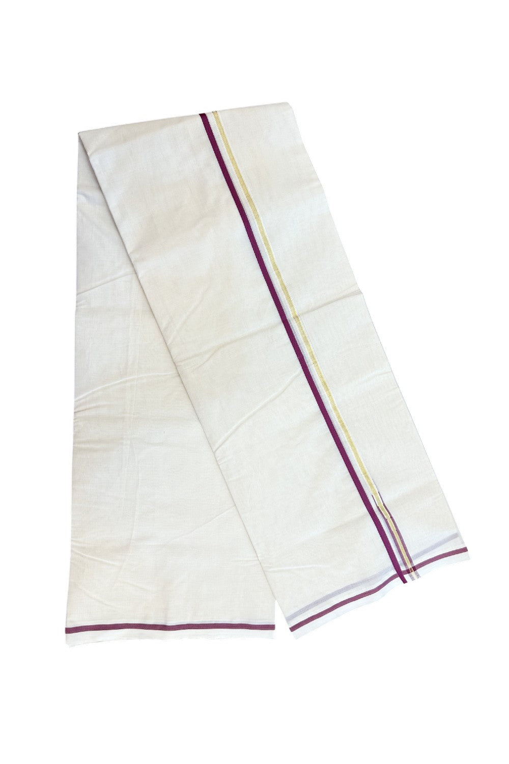 20% DISCOUNT! KaithariKada Balaramapuram 100% Cotton Double Off white - (Unbleached) Mundu/Dhoti- 100x100  1 cm Puliyilakkara Gold Kasavu & Magenta Chutty Kara - 4 mtr (8.5 muzham)- 15KK5228 ASH