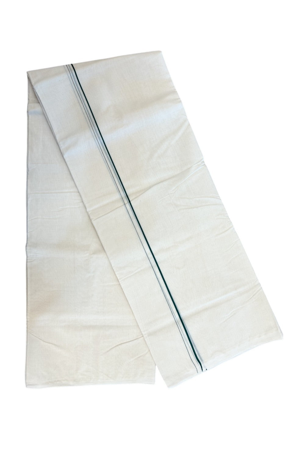 25% DISCOUNT! KaithariKada HANDLOOM Millpaav Balaramapuram - 100% PURE Cotton OFF WHITE (Unbleached) Double Mundu/Dhoti - 80X90 - 0.5 cm Dark Green Kara 4 mtr (8.5 muzham) - 15KK5234 RAM