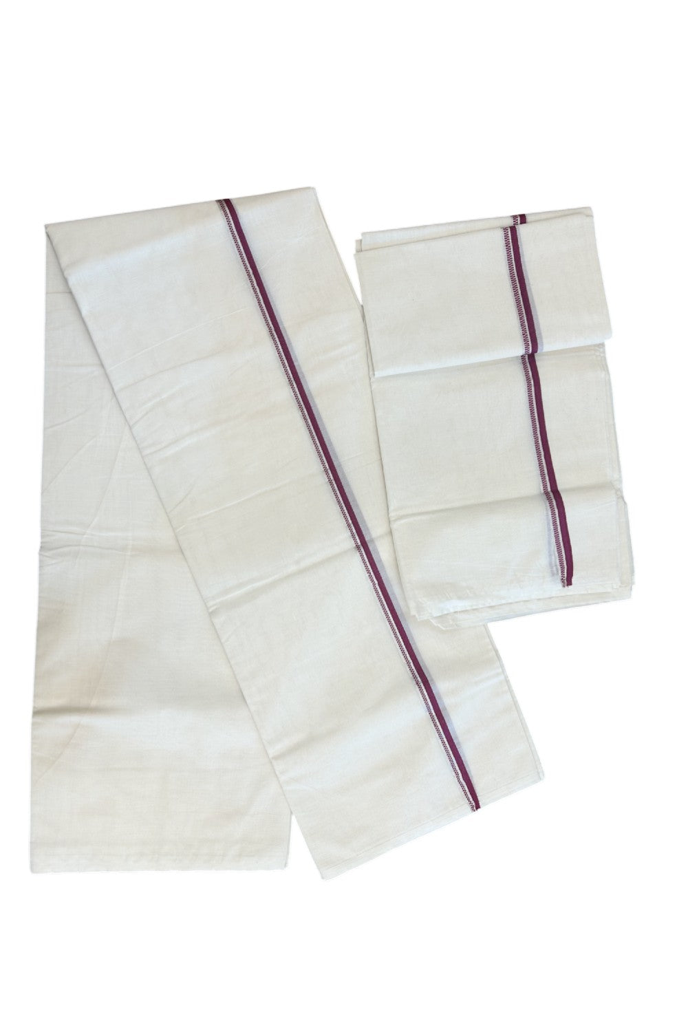 20% Discount!! KaithariKada Balaramapuram - 100% PURE Cotton Off White  (Unbleached) Mundu/Dhoti & Neriyath set - 1.5 cm Silver Kasavu & Dark Magenta Design Kara - 16KK5238 ASH