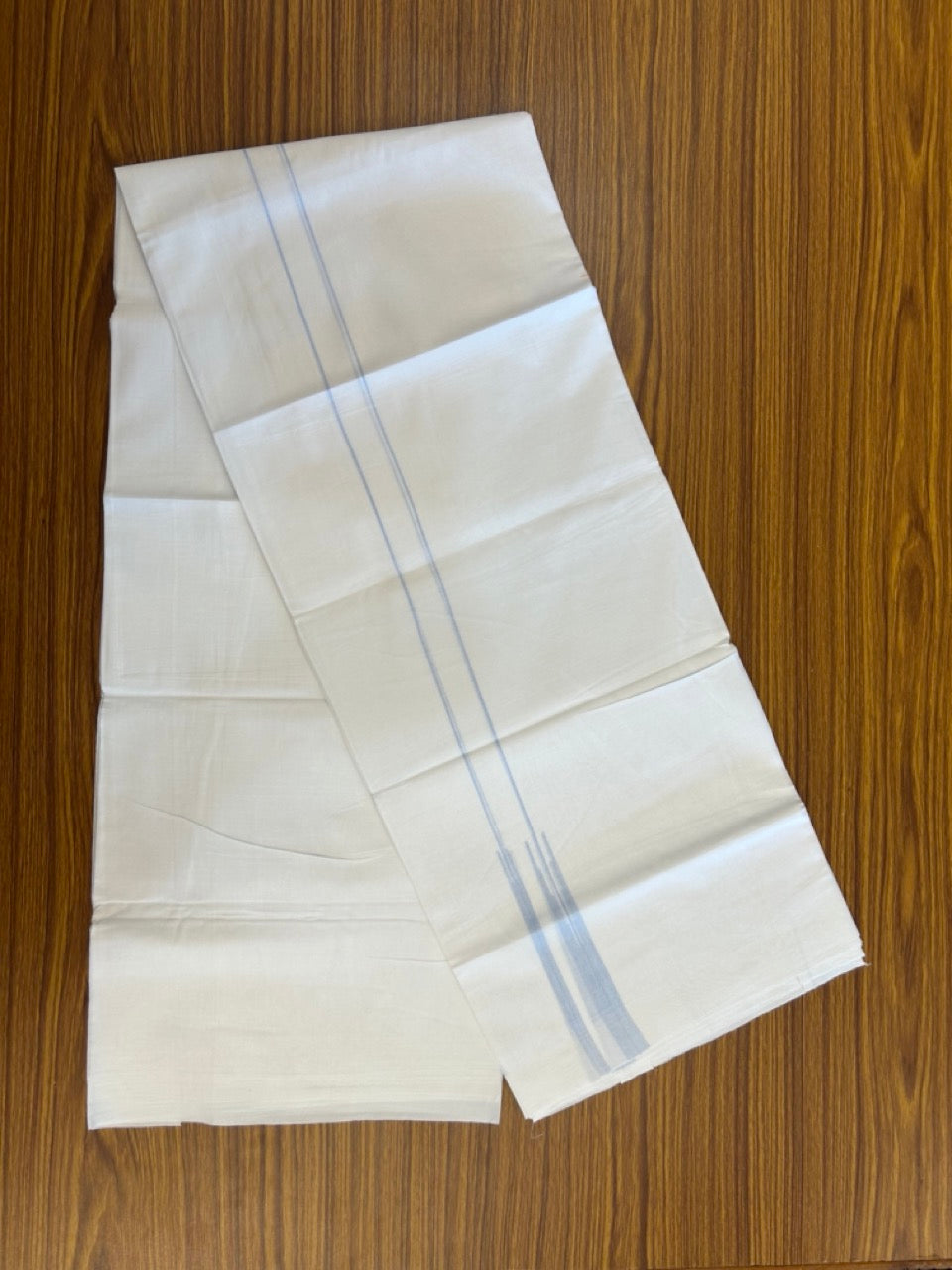 20% DISCOUNT!! NEW!! KaithariKada Balaramapuram 100% Cotton PURE WHITE Double Mundu/Dhoti - (100x80)s - 0.75 inch Sky Blue Line chutty - 15 KK5249 VIN