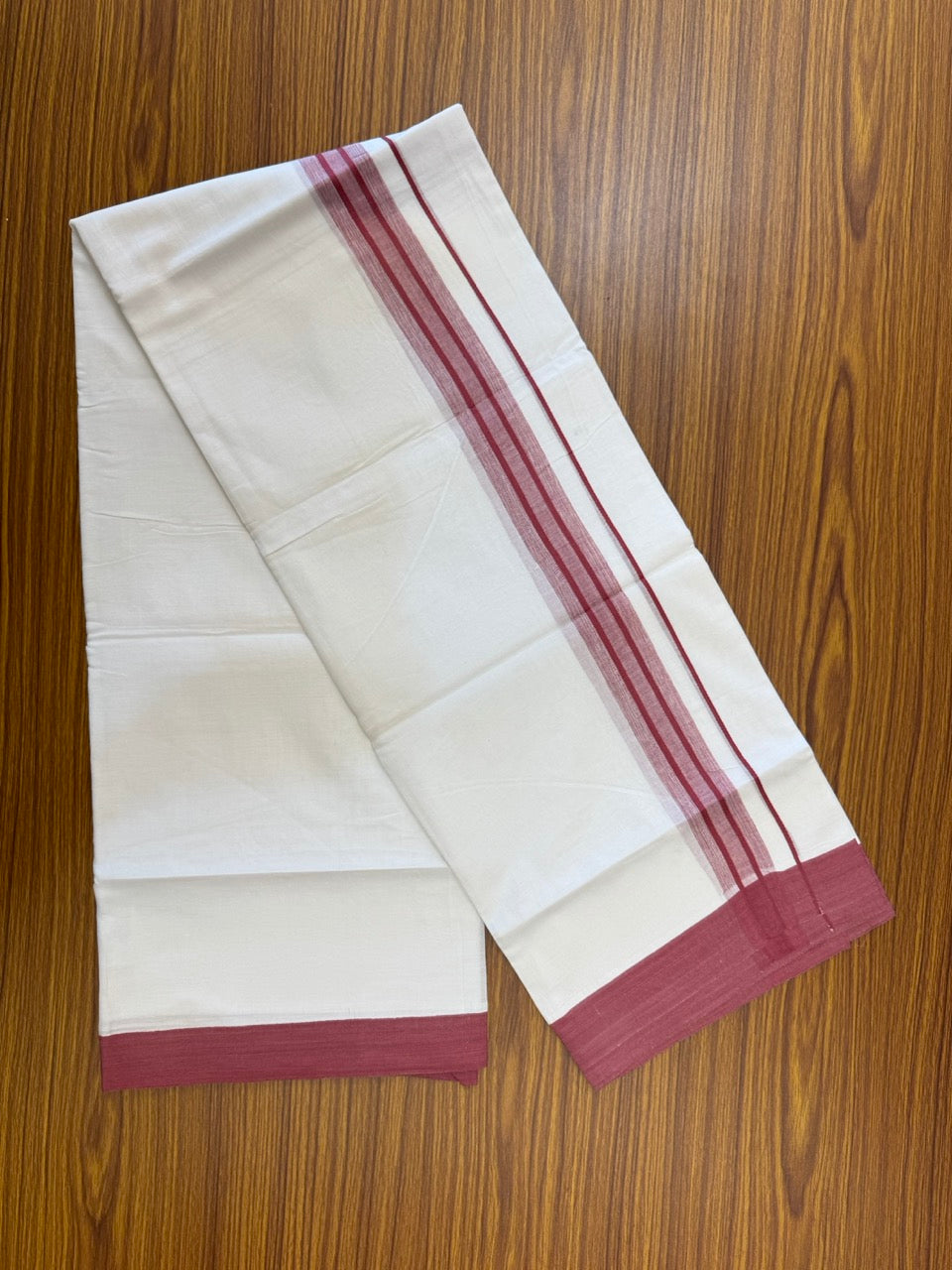 Short Dhoti Special - 28% Discount ! KaithariKada 100% Cotton Pure White Double Mundu / Dhoti - 100x80 - 45 inch Height 3.80 m Length  1.5 inch Maroon Magenta Mix kara - 15 KK5258 THI