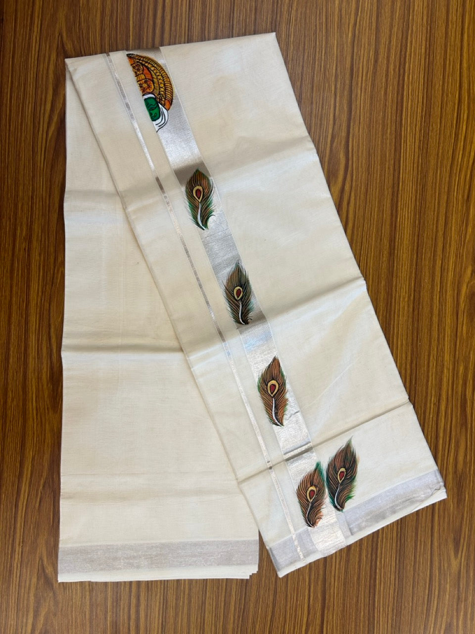 24% Discount! KaithariKada 100% Cotton Double Off white - (Ubleached) Mundu / Dhoti - 100x80 1.5 inch Silver Kasavu & Hand Painted Kathakali Peacock - 15 KK5259 CKS