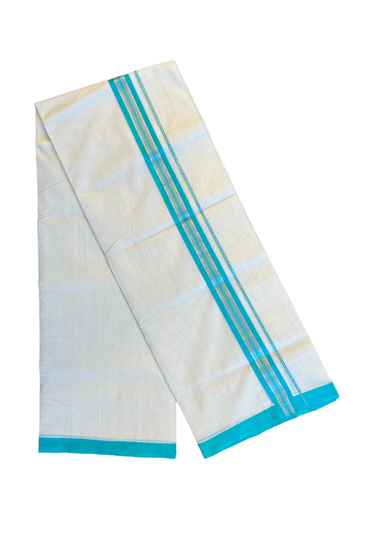 25% DISCOUNT! KaithariKada BALARAMAPURAM HANDLOOM UNAKKUPAAV - 100% PURE Cotton Off white (Unbleached) Double Mundu/Dhoti -  Silver stripes Turquoise blue kara - 15KK72RAM