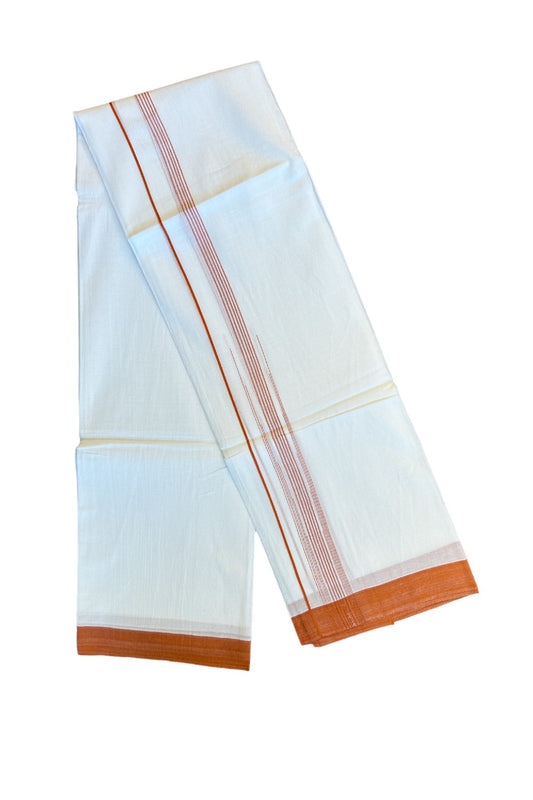 22% DISCOUNT!! Kaitharikada Balaramapuram 100% Cotton PURE WHITE Double Mundu/Dothi-100x100  2 Inch ORANGE Striped Cotton Kara 3.80m (8 Muzham) - 15KK74RAM