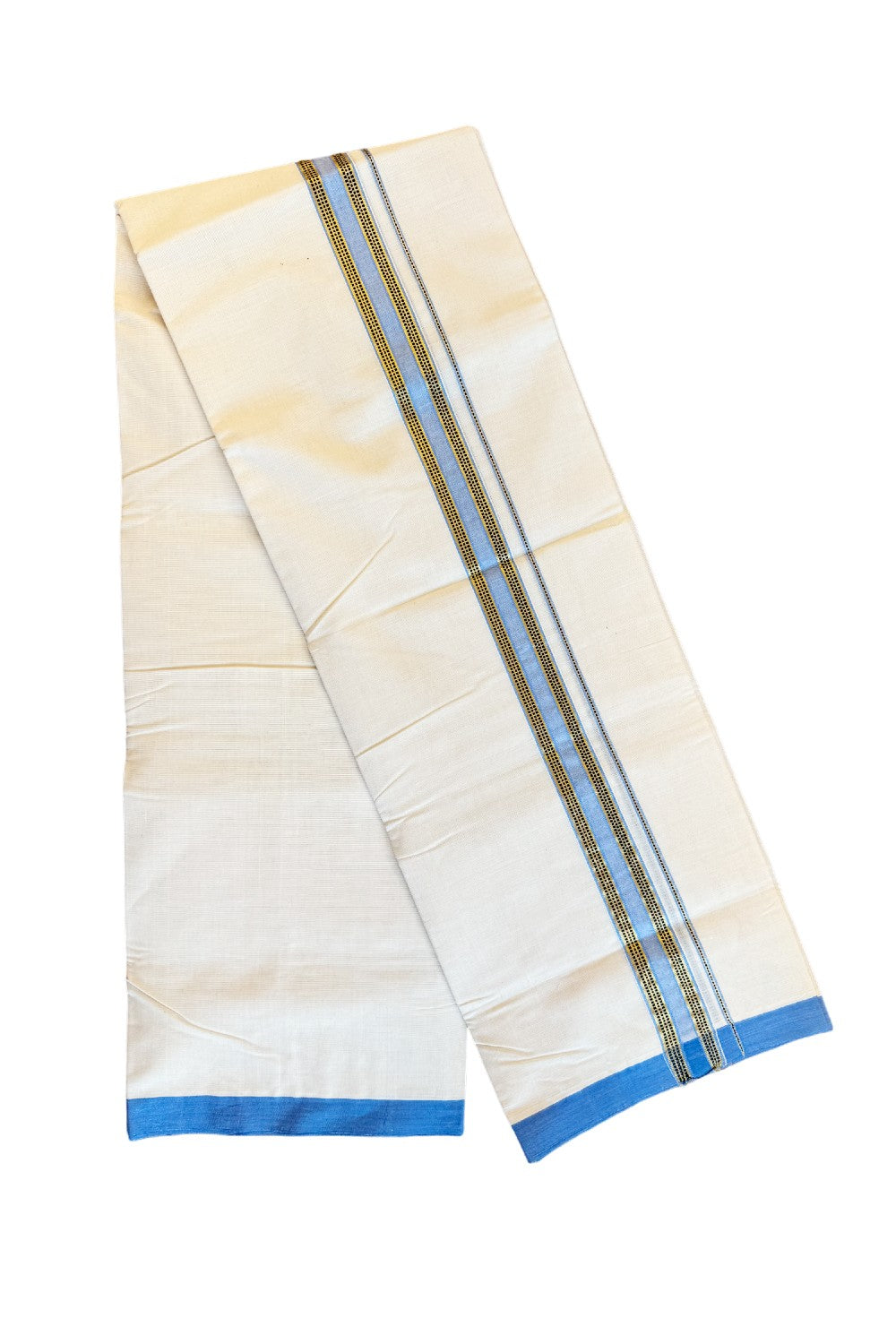 25% DISCOUNT!! KaithariKada HANDLOOM Unakkupaavu Balaramapuram - 100% PURE Cotton OFF White (Unbleached) Double Mundu/Dothi - BLUE + KASAVU  Striped 1 inch Kara - KK46SOM - 15.
