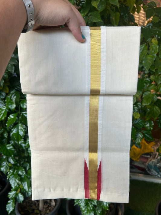 25% Discount ! KaithariKada Handloom Unakkupaav Balaramapuram -  Cotton Off White (Unbleached) Double Mundu/Dothi - 80x90 - 1.5 inch Puliyilakkara Kasavu Red chutty 3.85 mtr (8 muzham) - 104 KK5256 RAM