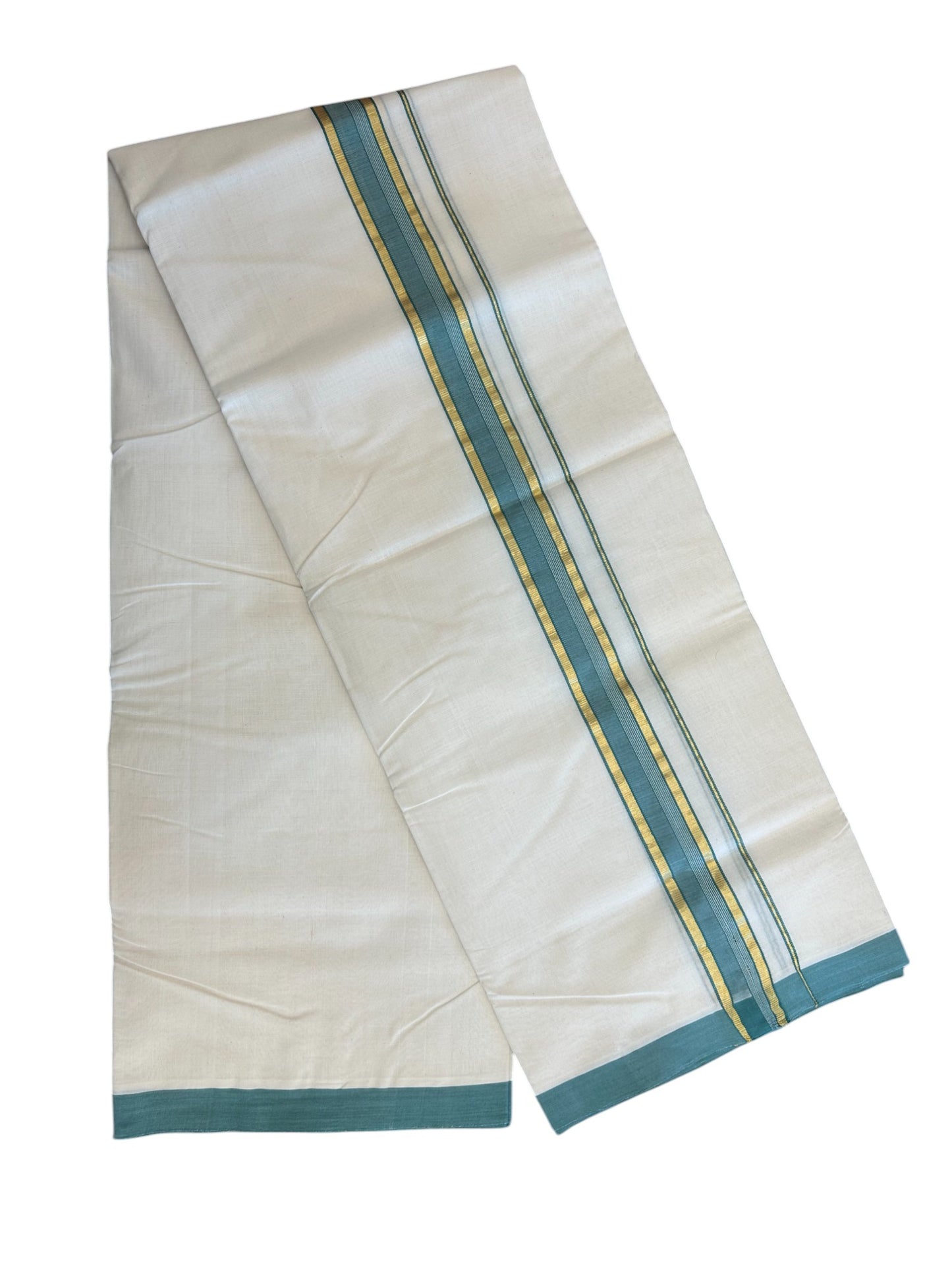 31% DISCOUNT!! KaithariKada HANDLOOM Millpaav Balaramapuram - 100% PURE Cotton OFF White Double - (Unbleached) Mundu/Dothi - 1.75 Inch Gold Kasav Green kara - 15kk5153RAM