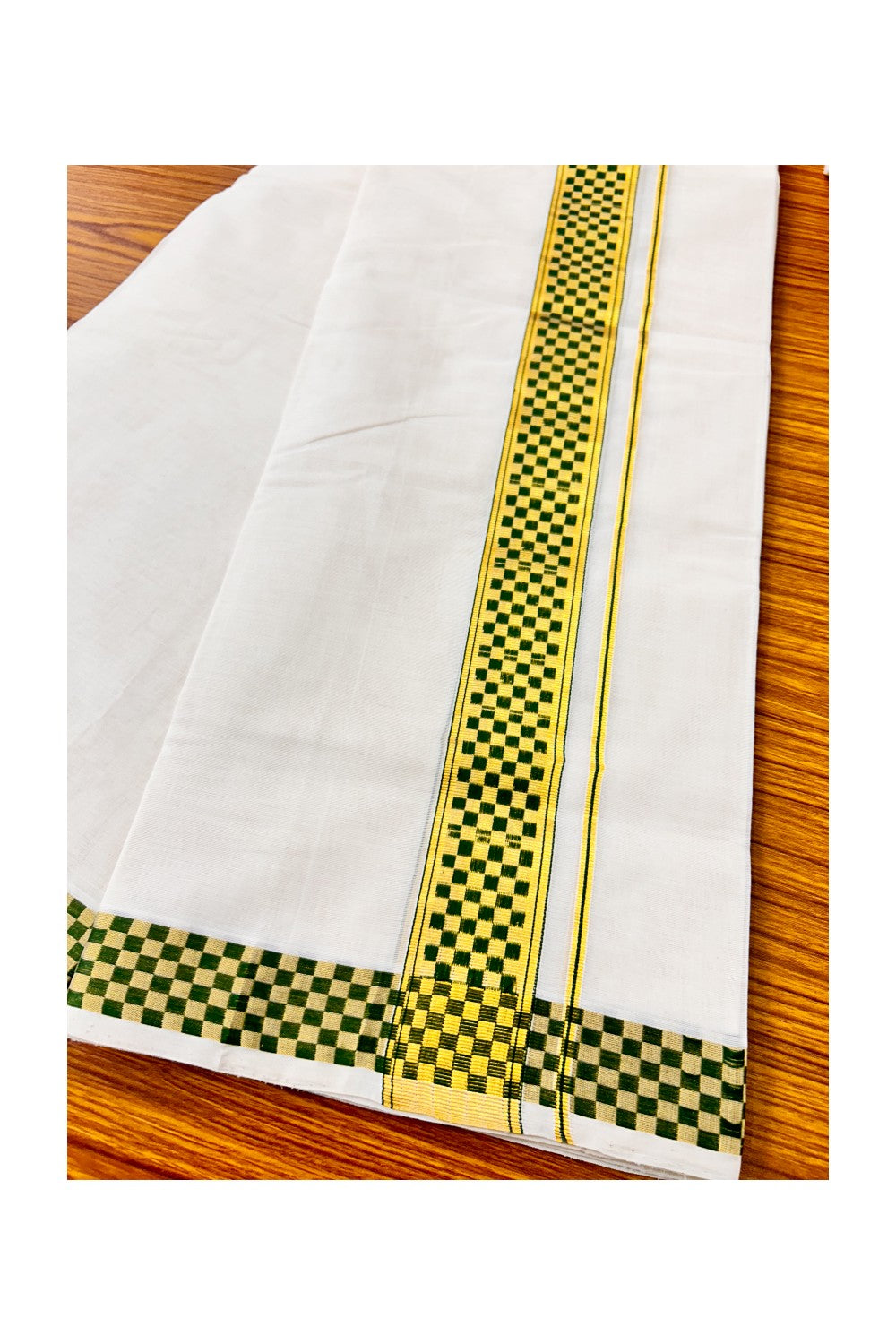 30% DISCOUNT ! KaithariKada HANDLOOM Unakkupaav Balaramapuram - 100% PURE Cotton 4.58 Meter Off White (Unbleached) Double Mundu/Dhoti - Green Check & KASAVU DESIGN 2.5 Inch  KARA- ABH15