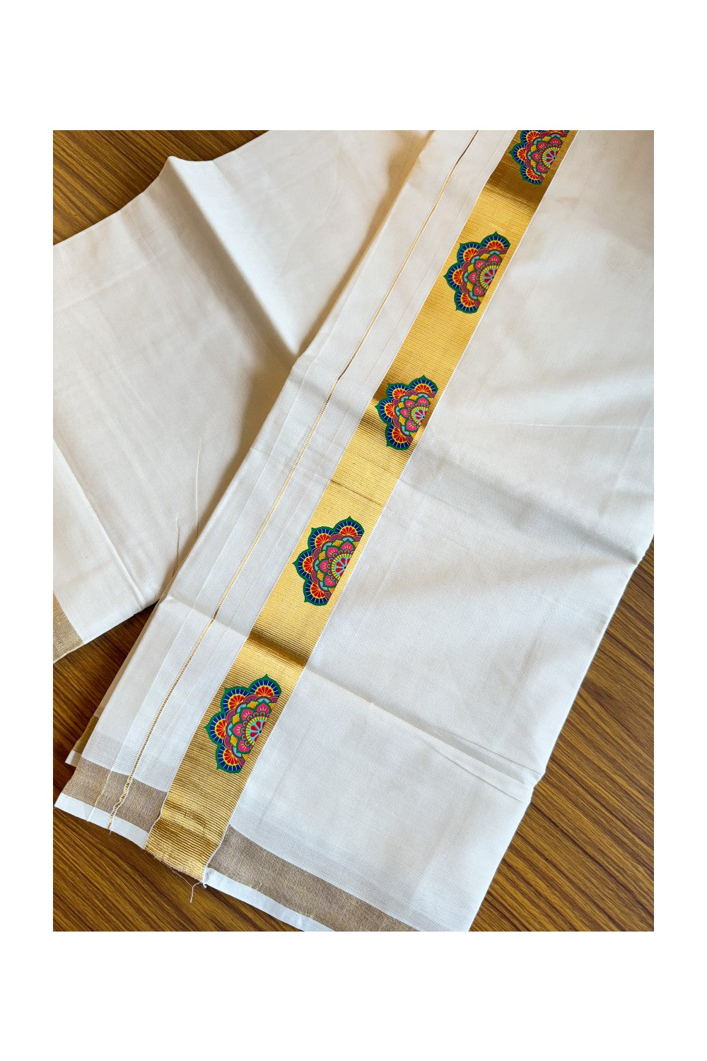 20% Discount !! KaithariKada Balaramapuram 100% Cotton Double Off white - (Unbleached) Mundu/Dhoti-80x72-  Hand Painted Kasavu & Flower Design - 15KK207PMC