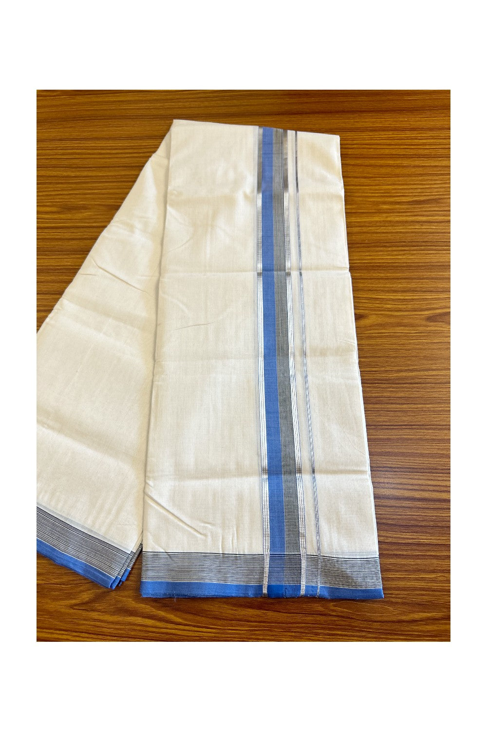 30% Discount!!! KaithariKada HANDLOOM UNAKKUPAAV Balaramapuram - 100% PURE Cotton off white (Unbleached) Double Mundu/Dhoti - 2.25 inch Silver kasavu Blue & Black striped kara - 15KK458SOM