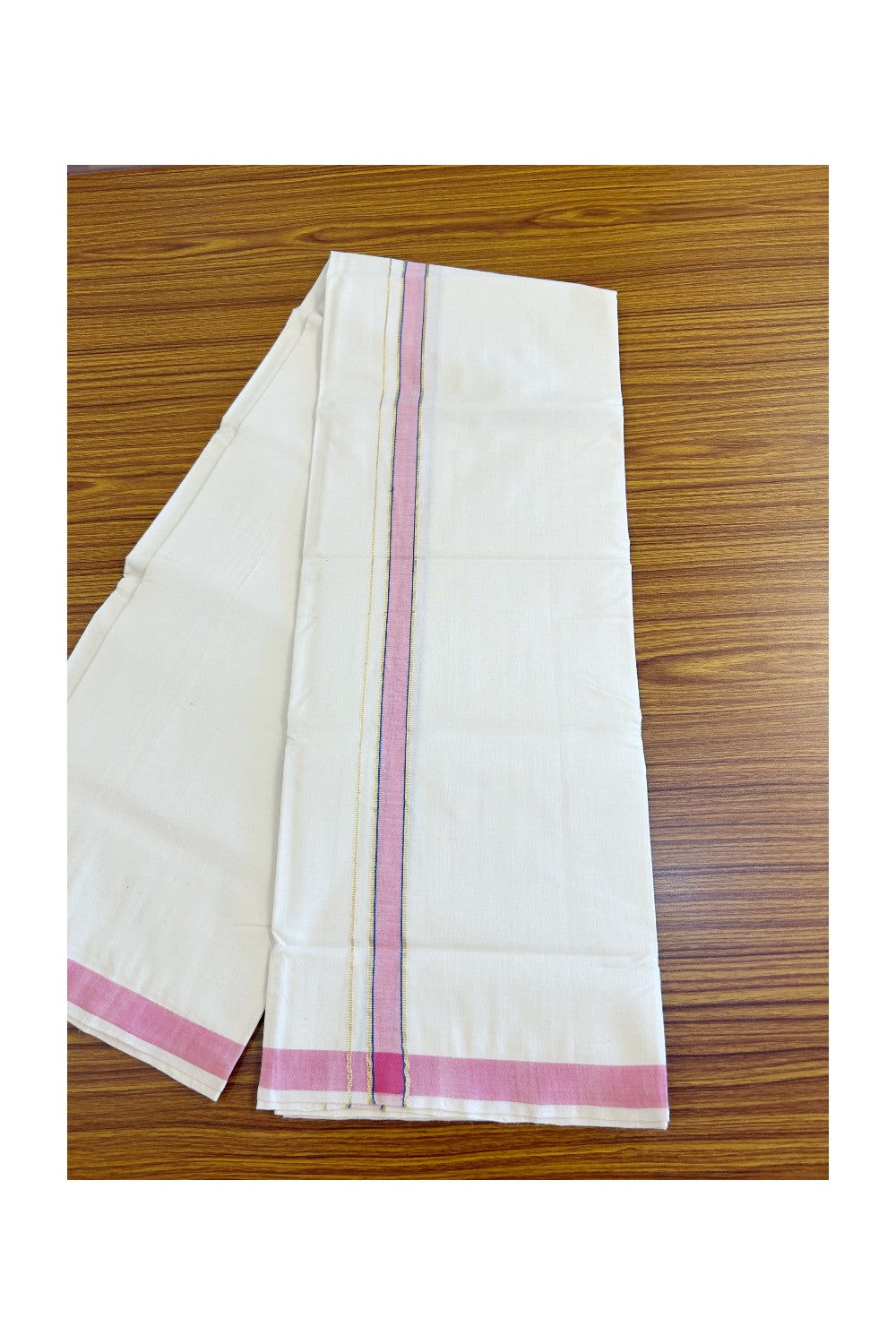 30% Discount KaithariKada 100% Cotton Balaramapuram HANDLOOM Single Mundu/Dhoti - Off White - (Unbleached) 1.25 inch Pink  & Blue Kasavu Kara (2 meter / 4 muzham)  - 15KK499KK