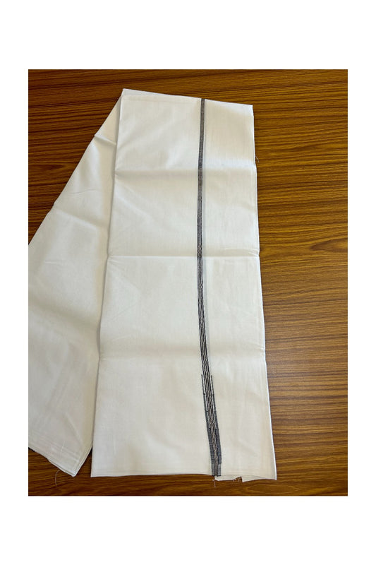 21% DISCOUNT!! KaithariKada Balaramapuram 100% Cotton PURE WHITE Single Mundu/Dhoti-100x100  Puliyilakkara 1.cm Silver kasavu & black striped chutty (2 meter / 4 muzham) - 15KK5043ASH